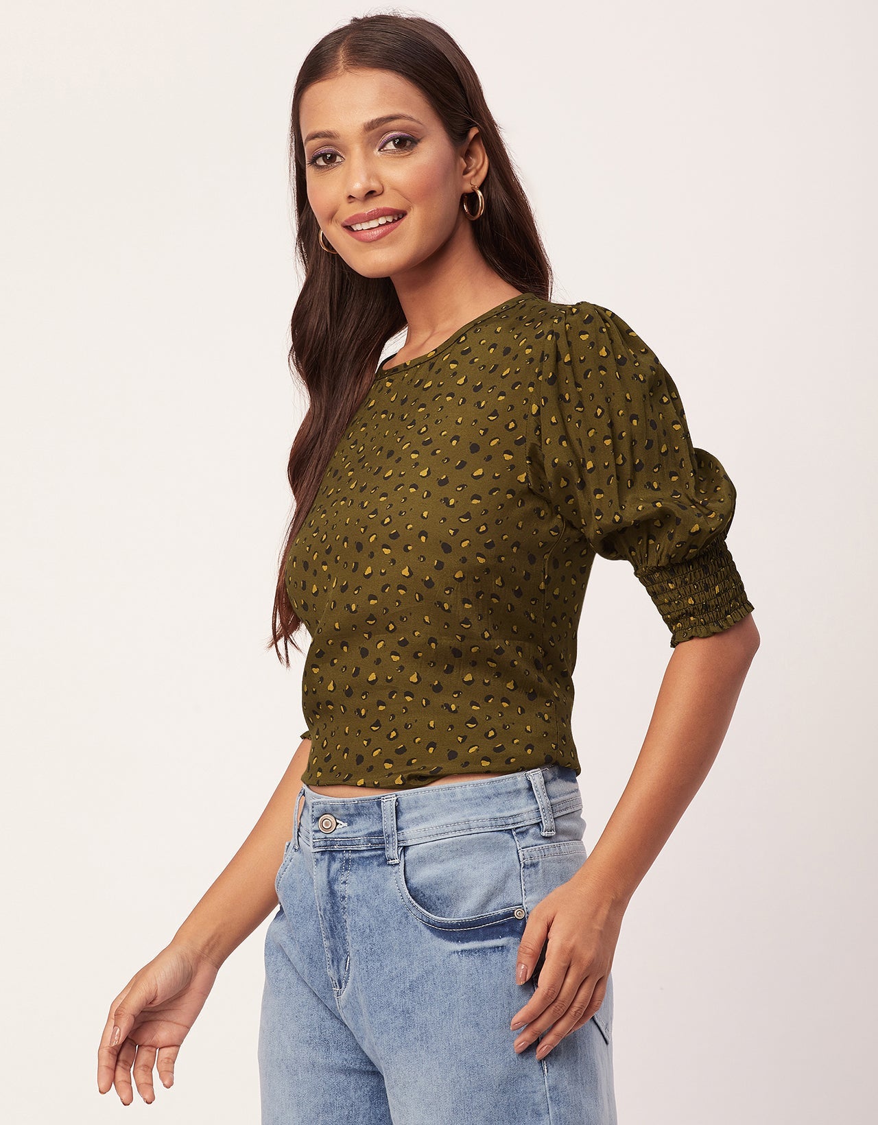 Printed Smocked Round Neck