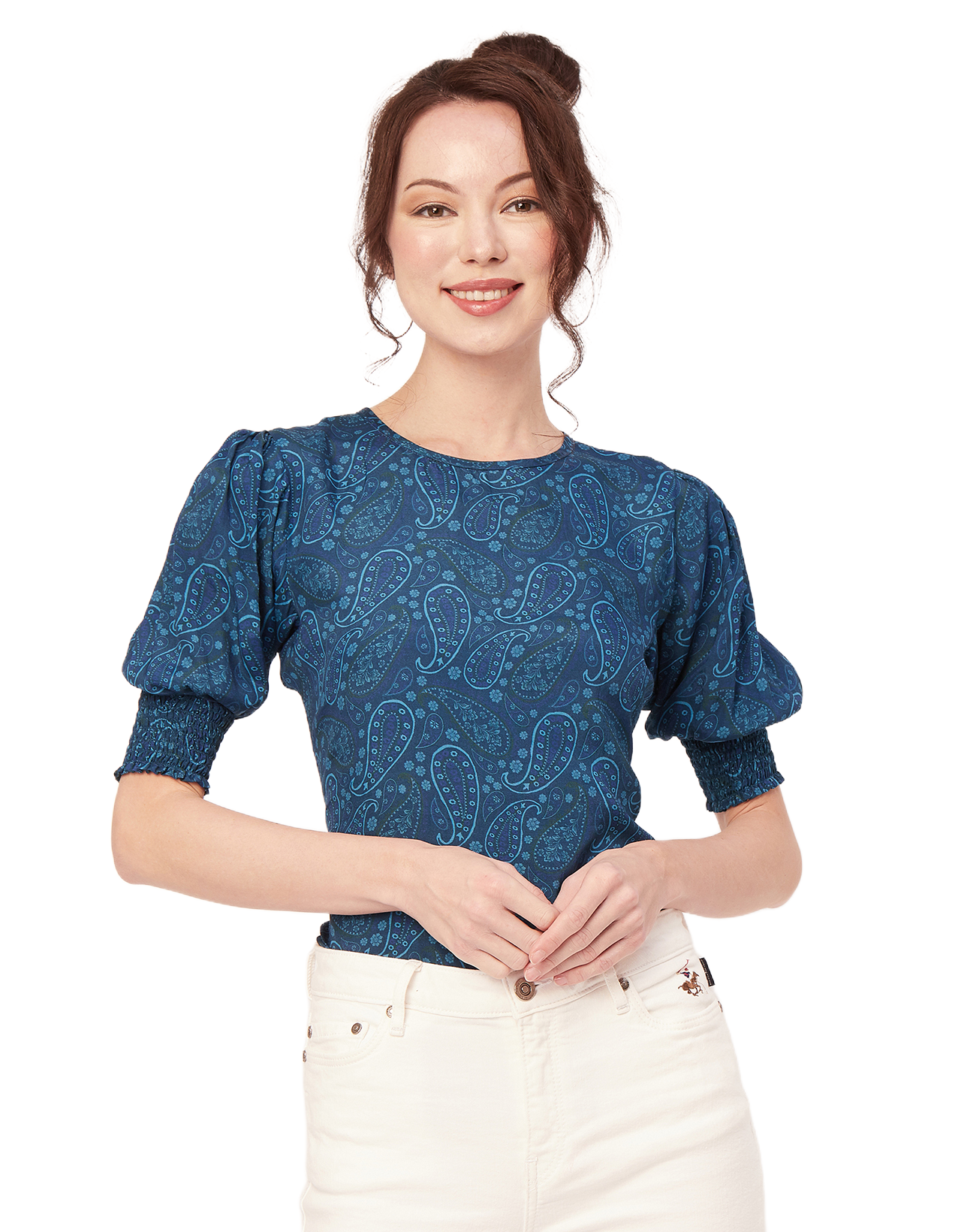 Printed Smocked Round Neck