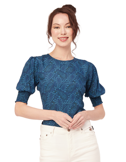 Printed Smocked Round Neck