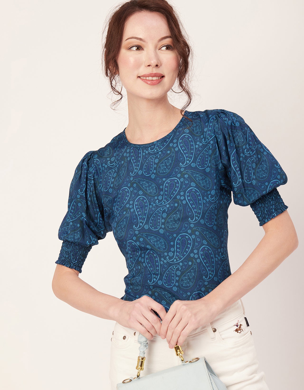Printed Smocked Round Neck