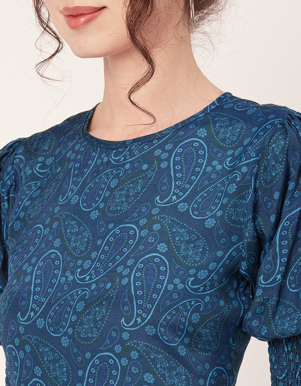 Printed Smocked Round Neck