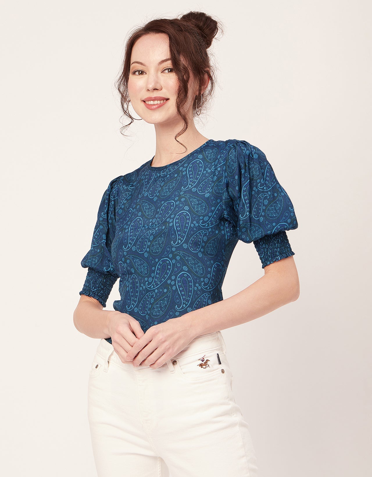 Printed Smocked Round Neck