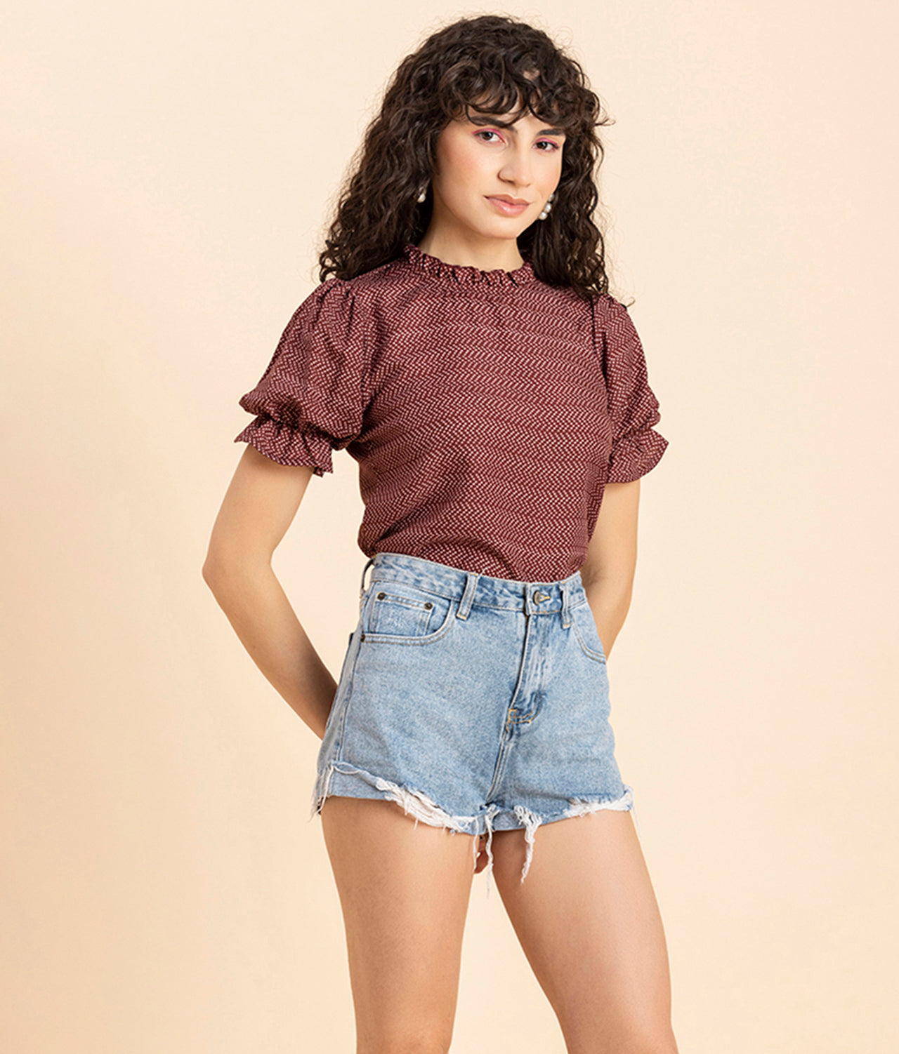 Ruffled Neck Casual Top