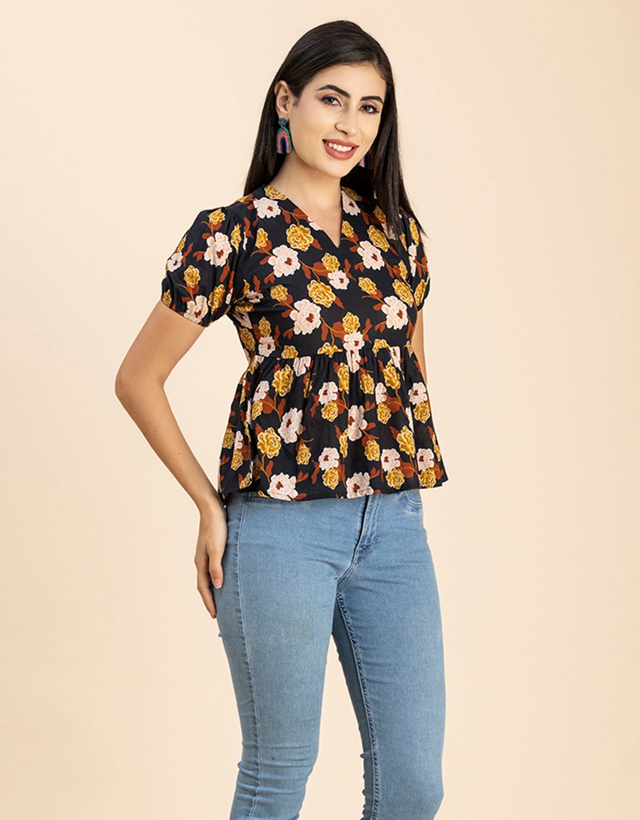 Short Puff Peplum Crop Top