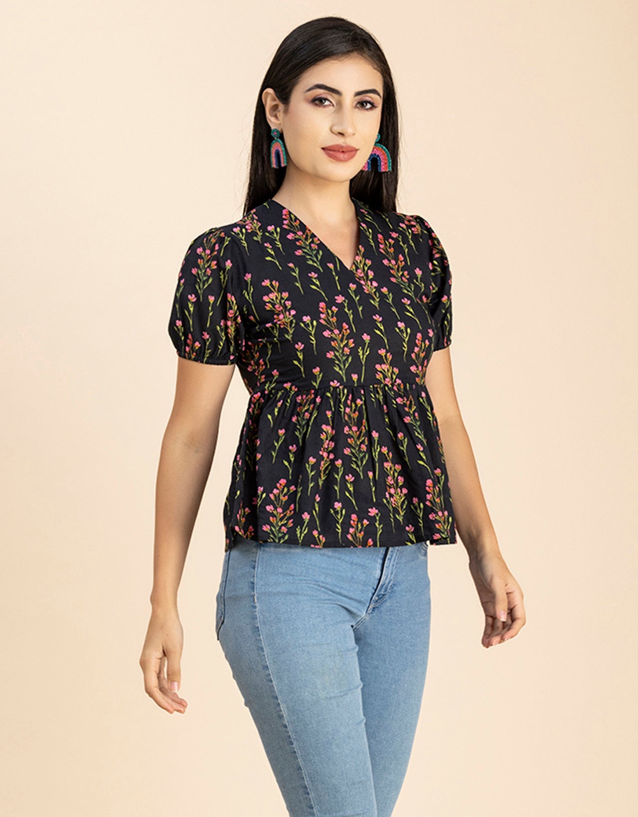Short Puff Peplum Crop Top