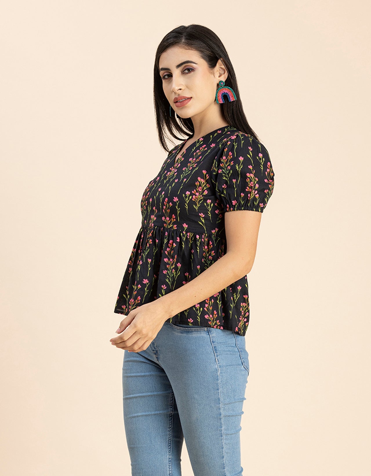 Short Puff Peplum Crop Top