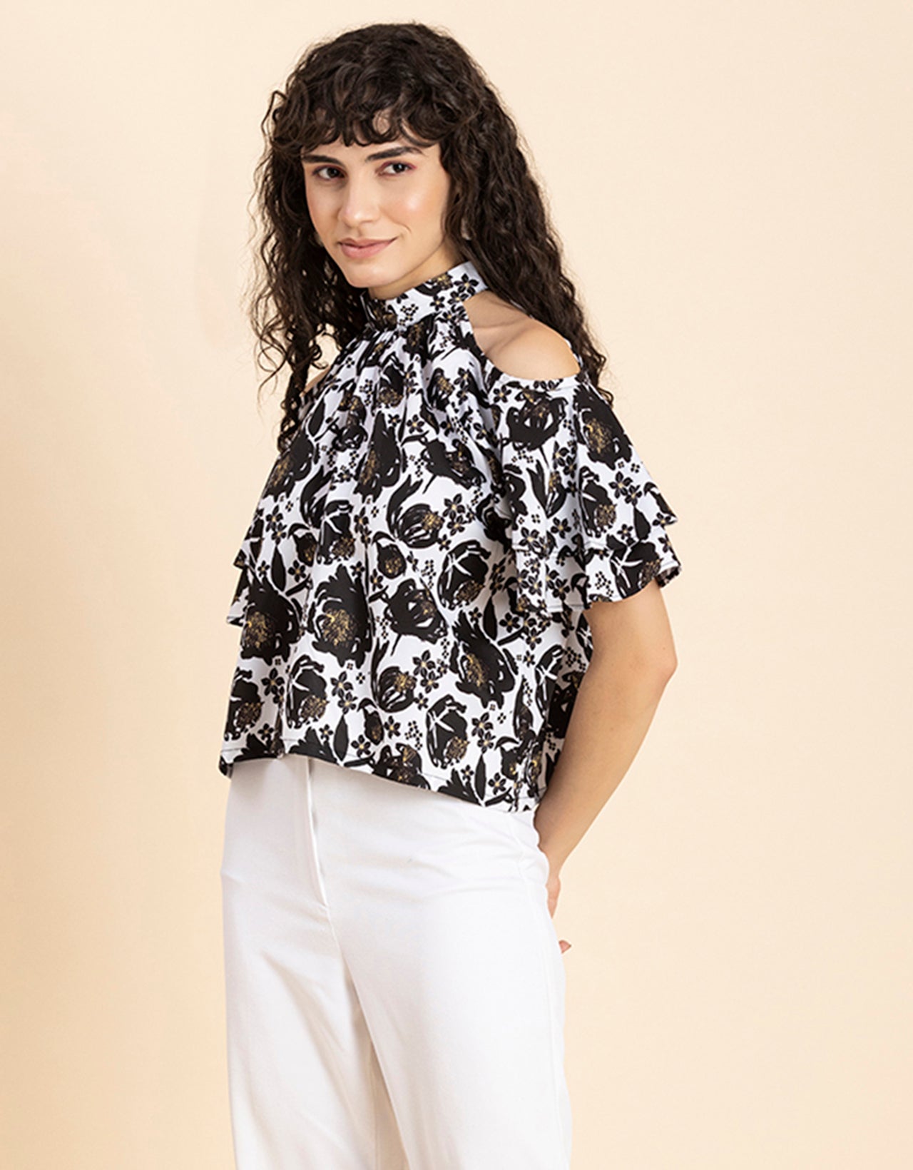 Cold Shoulder Ruffled Top