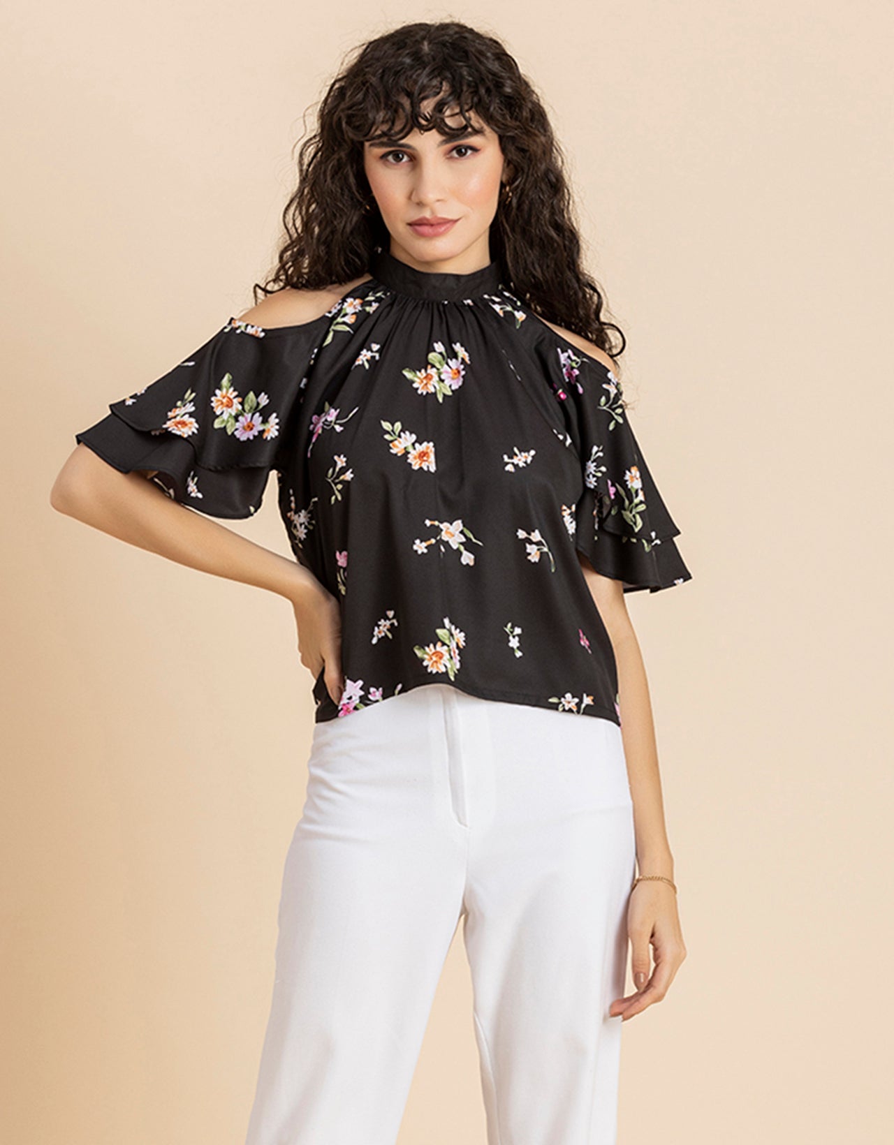 Cold Shoulder Ruffled Top