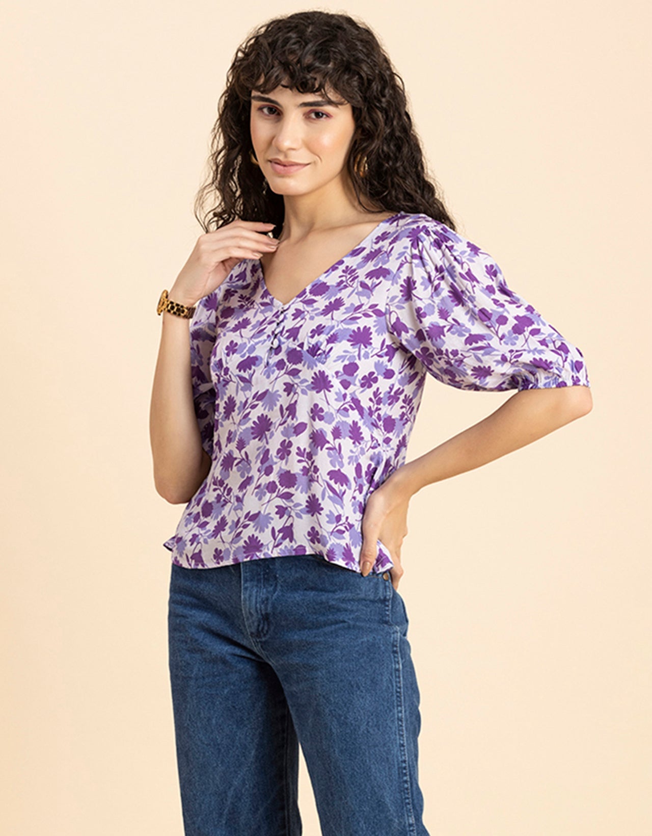 V-Neck Puff Sleeves Top