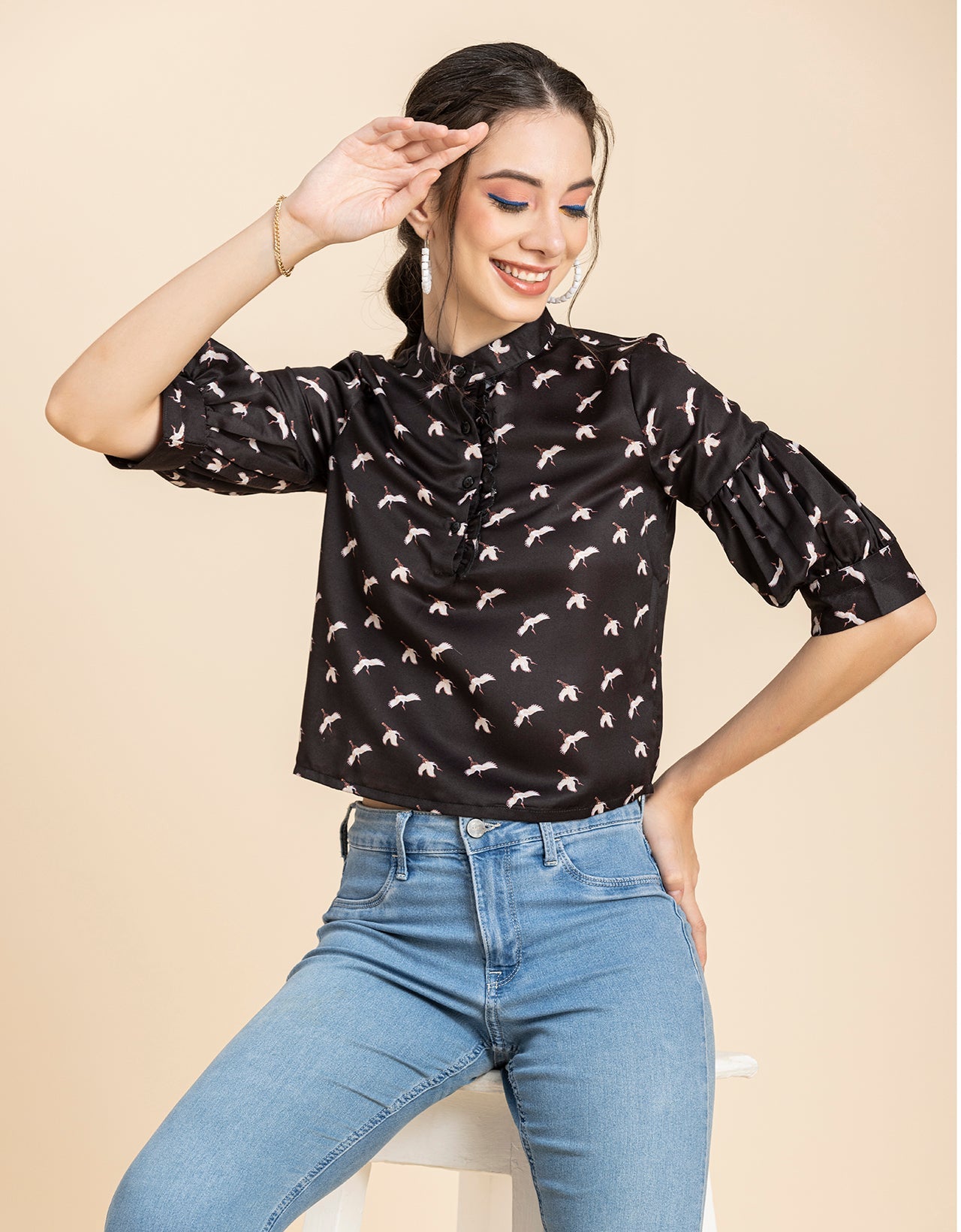 Quarter Sleeves Ruffled Top
