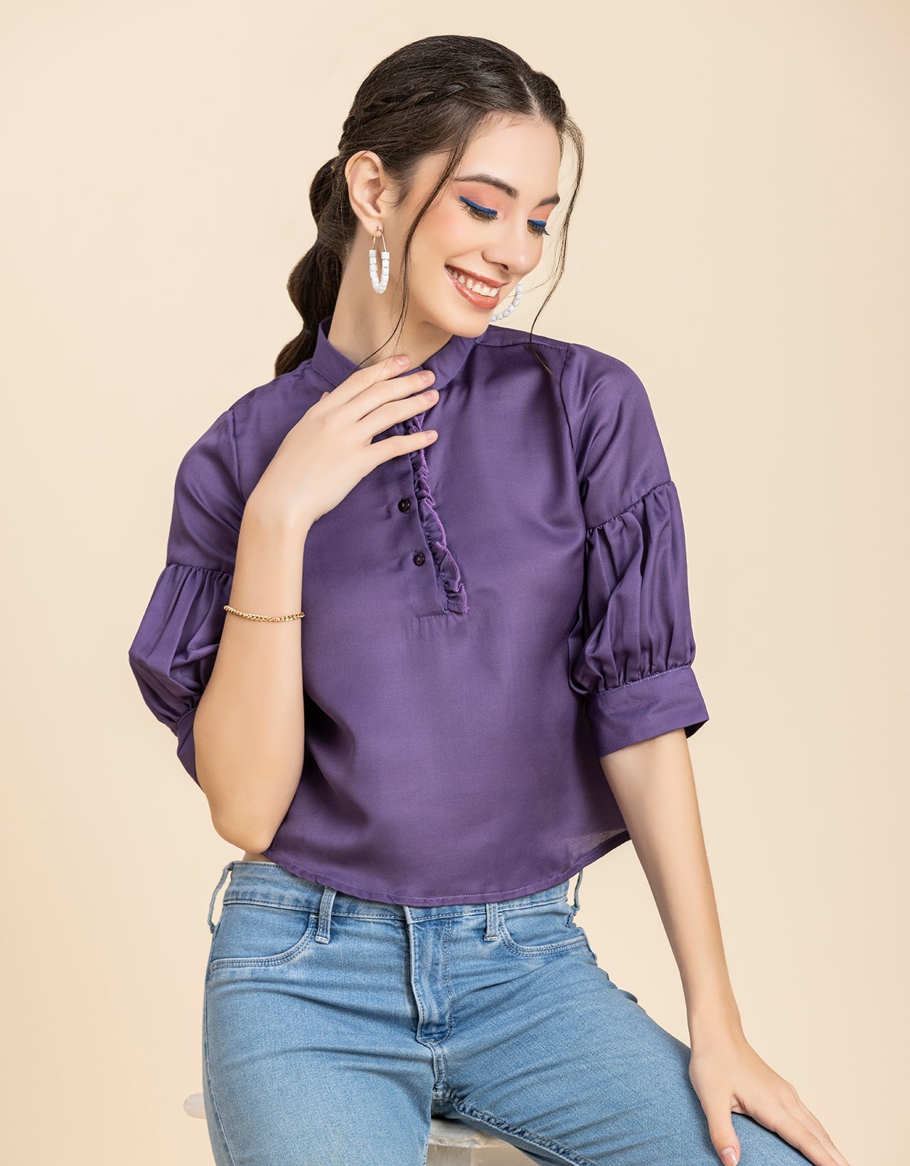 Quarter Sleeves Ruffled Top