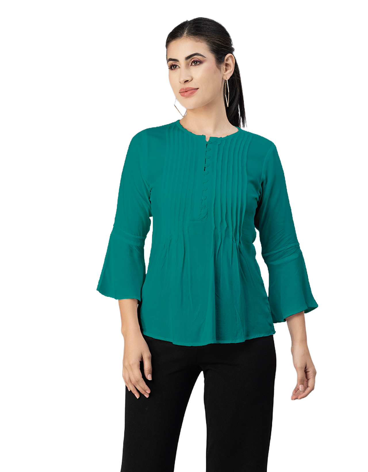 Solid Bell Sleeves Pleated