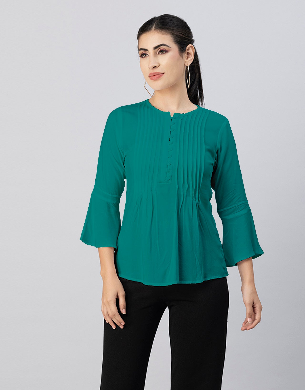 Solid Bell Sleeves Pleated