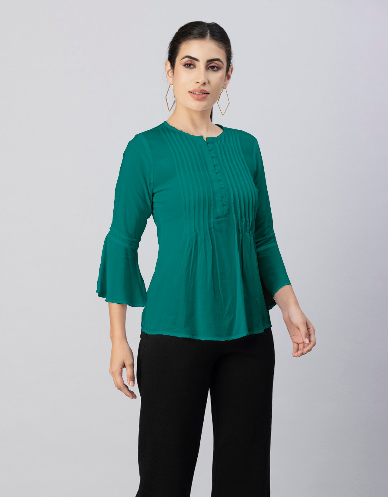 Solid Bell Sleeves Pleated
