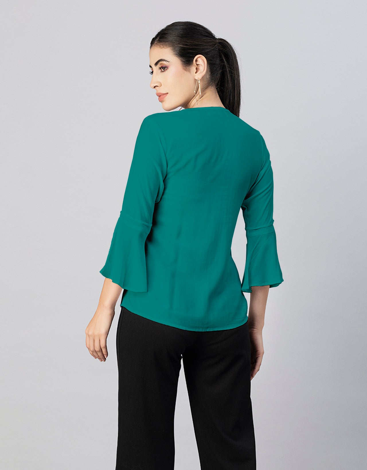 Solid Bell Sleeves Pleated