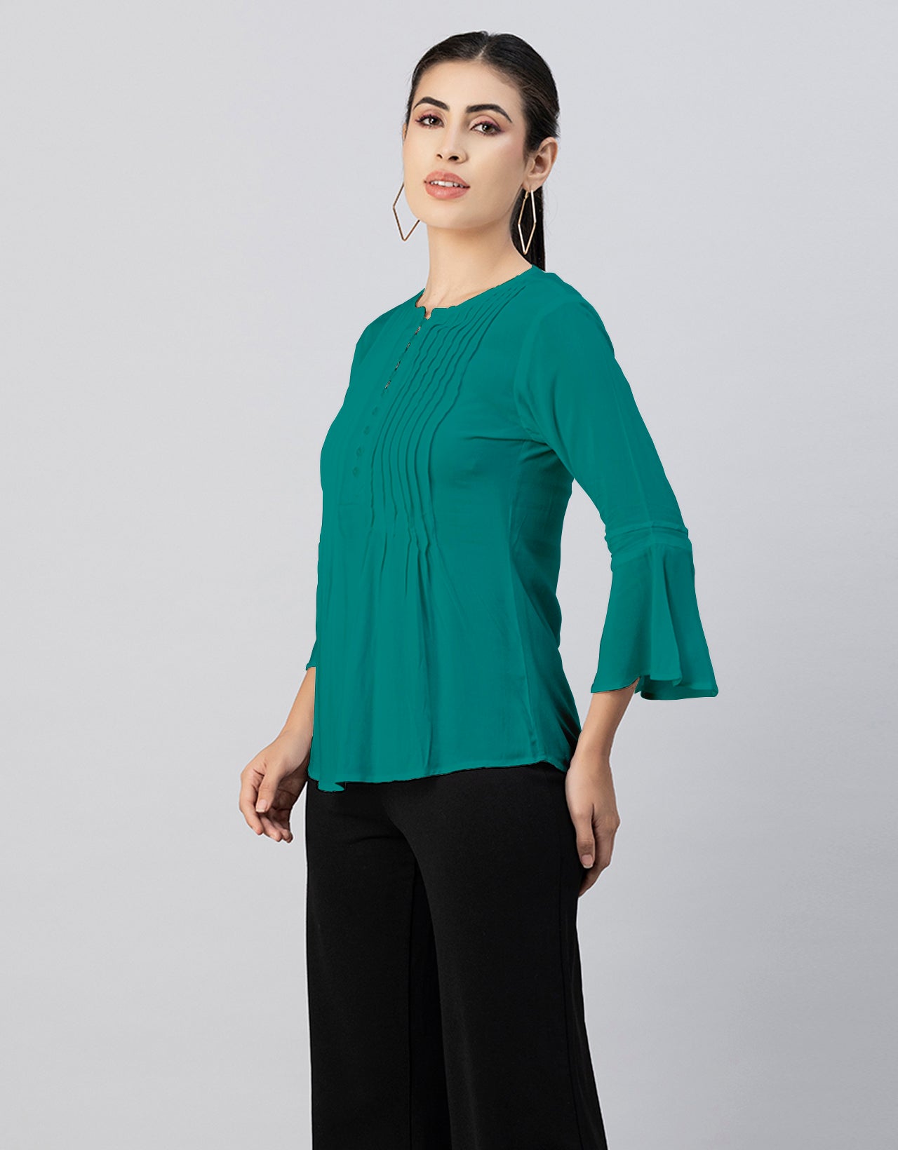 Solid Bell Sleeves Pleated