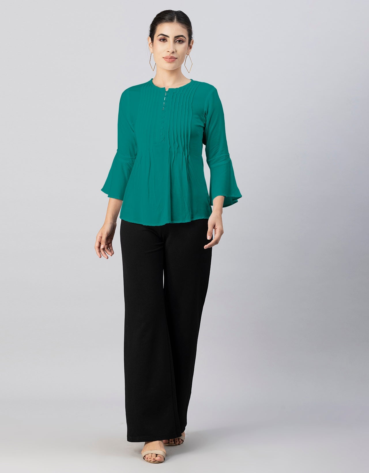 Solid Bell Sleeves Pleated