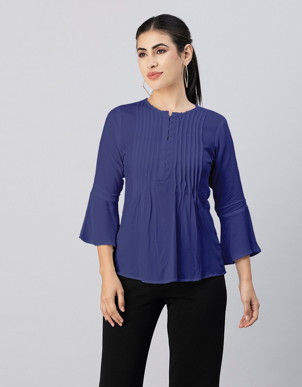 Solid Bell Sleeves Pleated