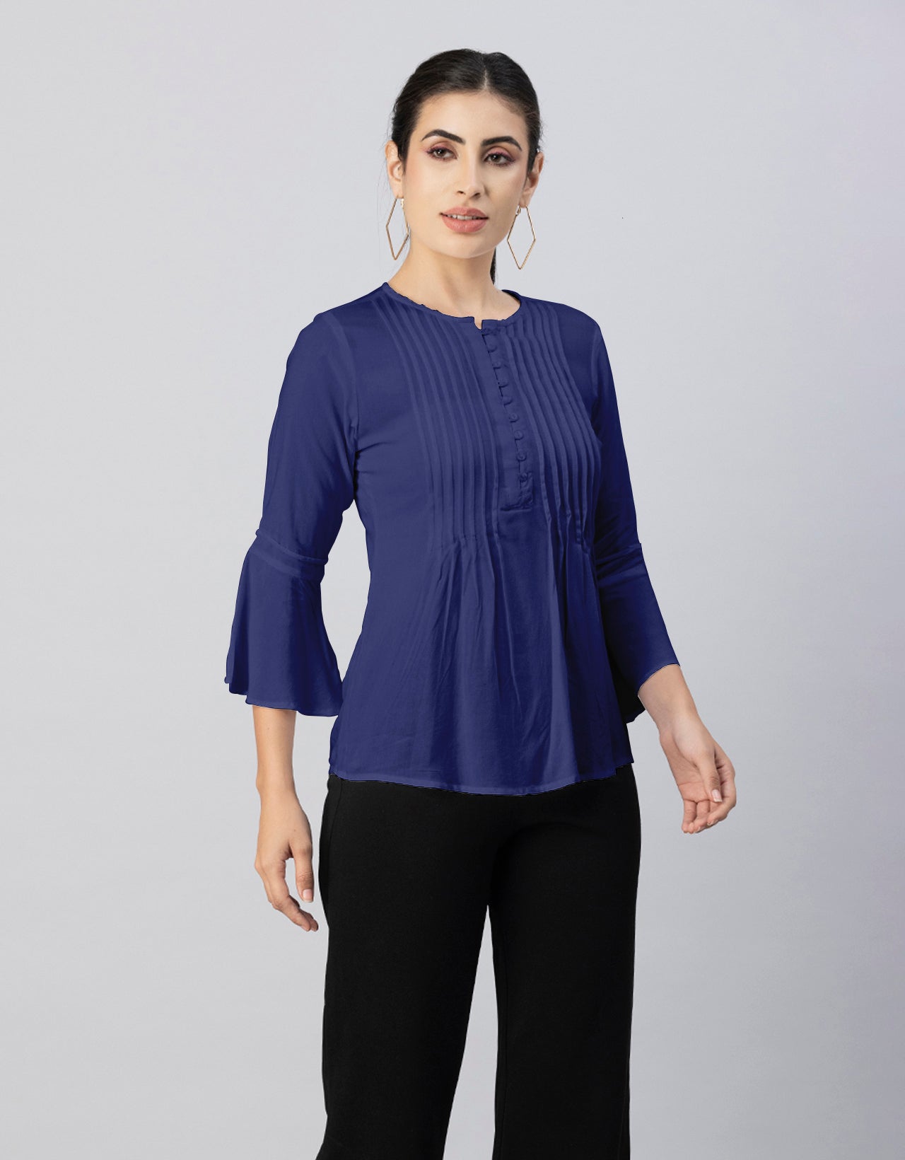 Solid Bell Sleeves Pleated