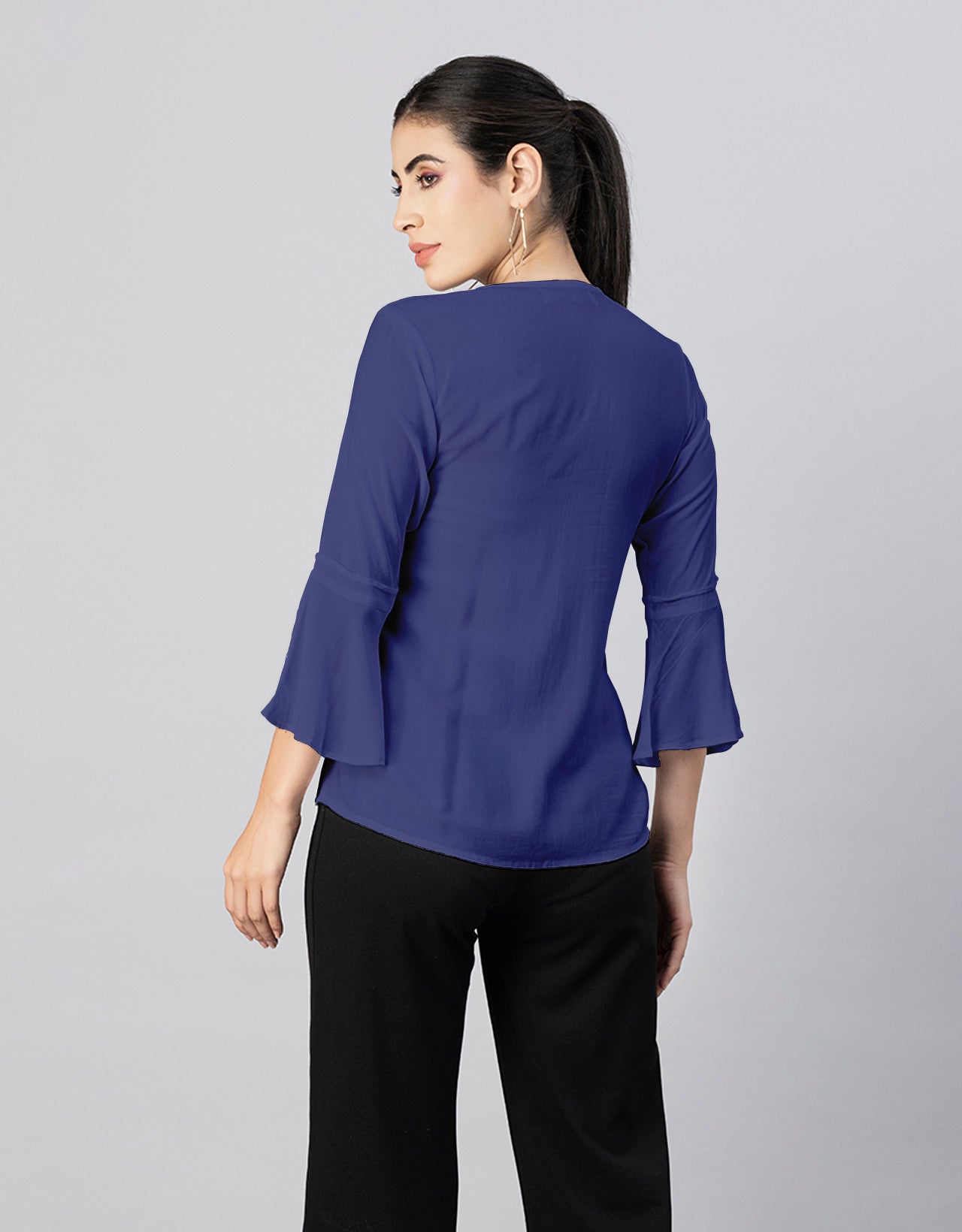 Solid Bell Sleeves Pleated