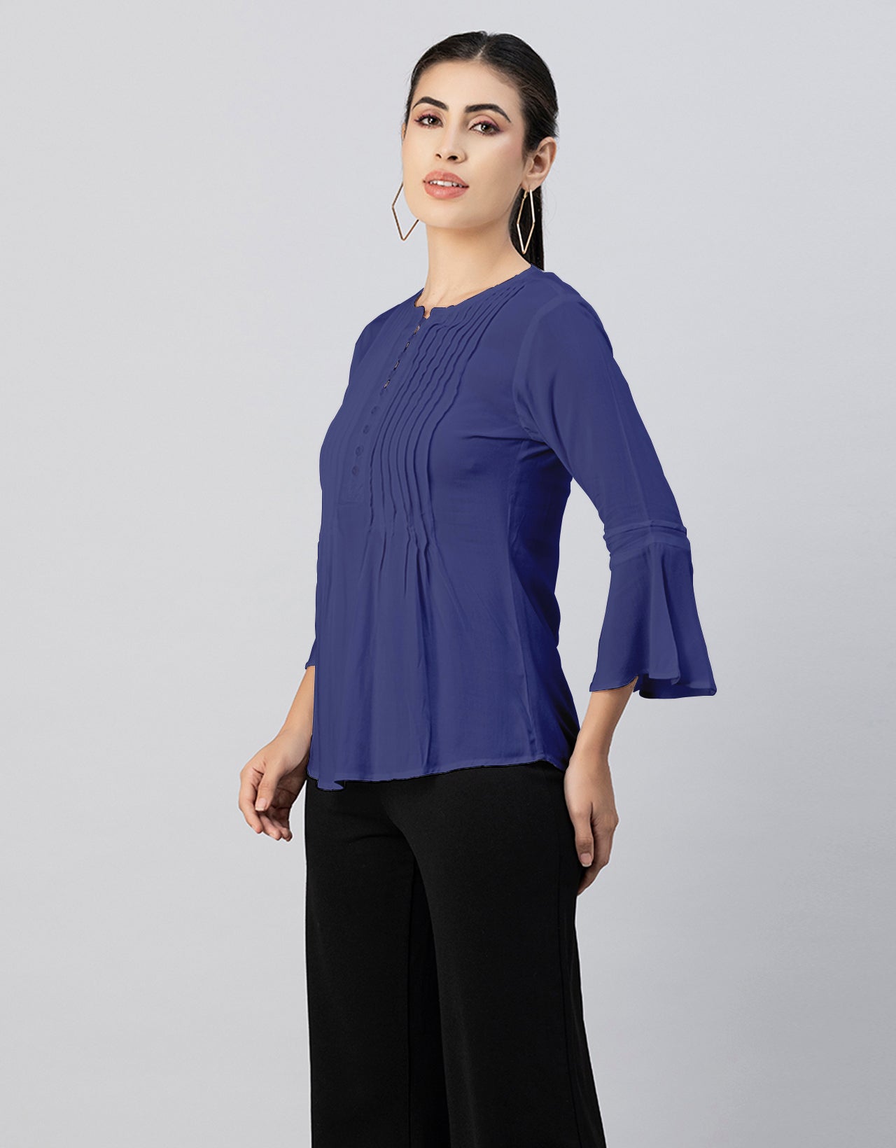 Solid Bell Sleeves Pleated