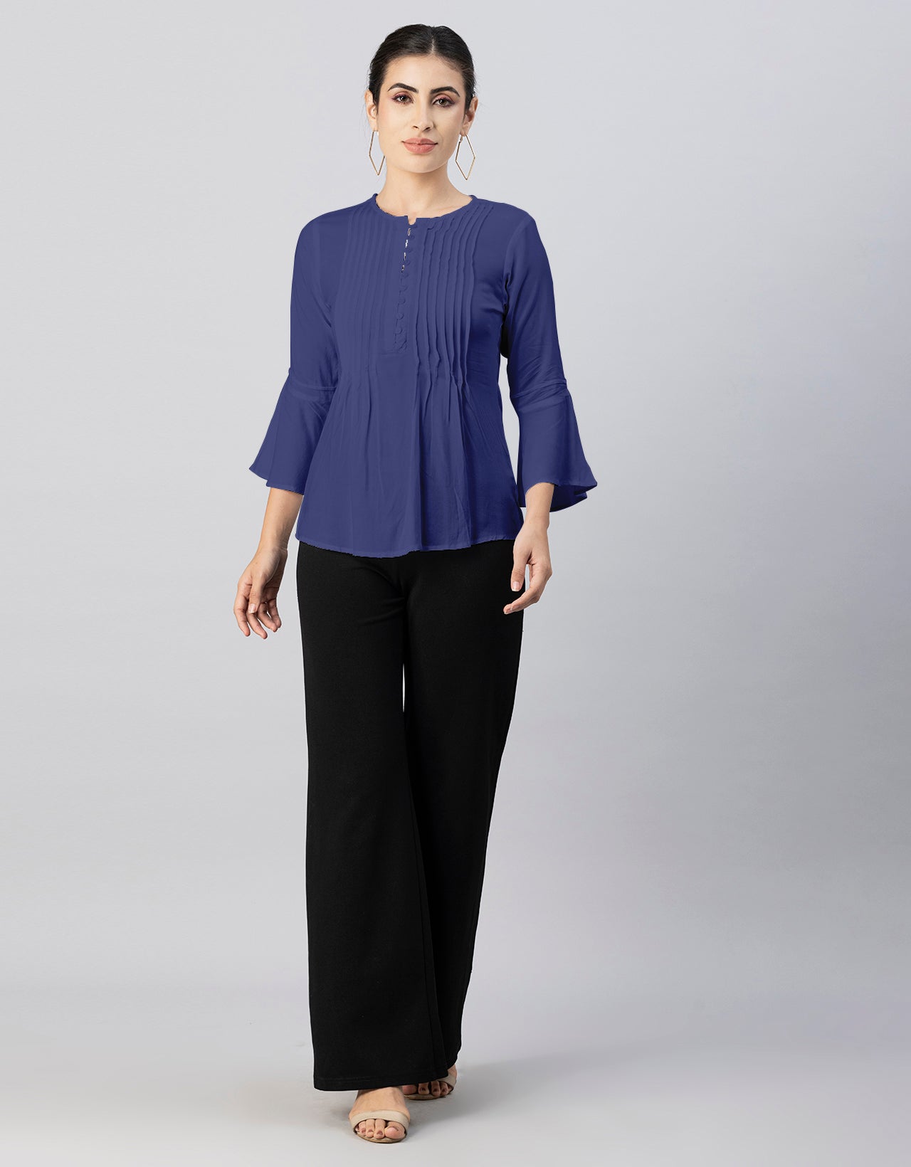 Solid Bell Sleeves Pleated