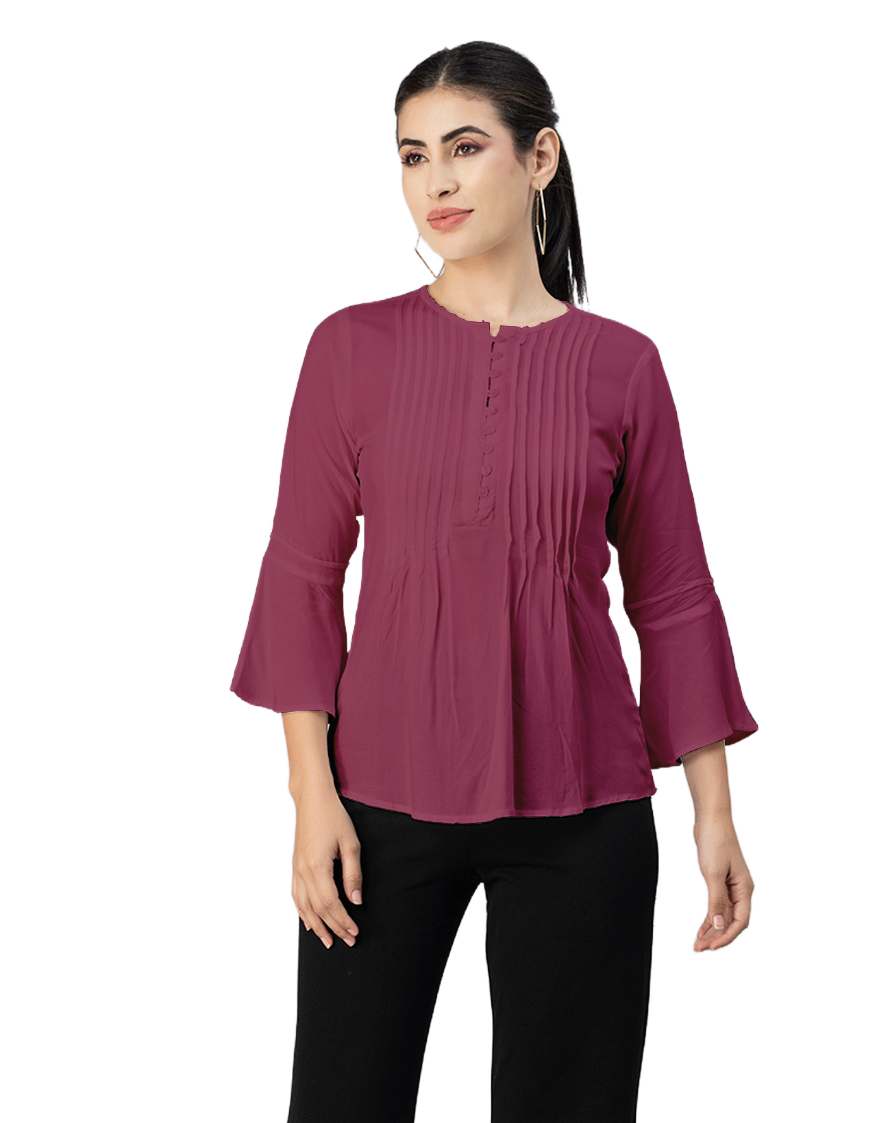 Solid Bell Sleeves Pleated