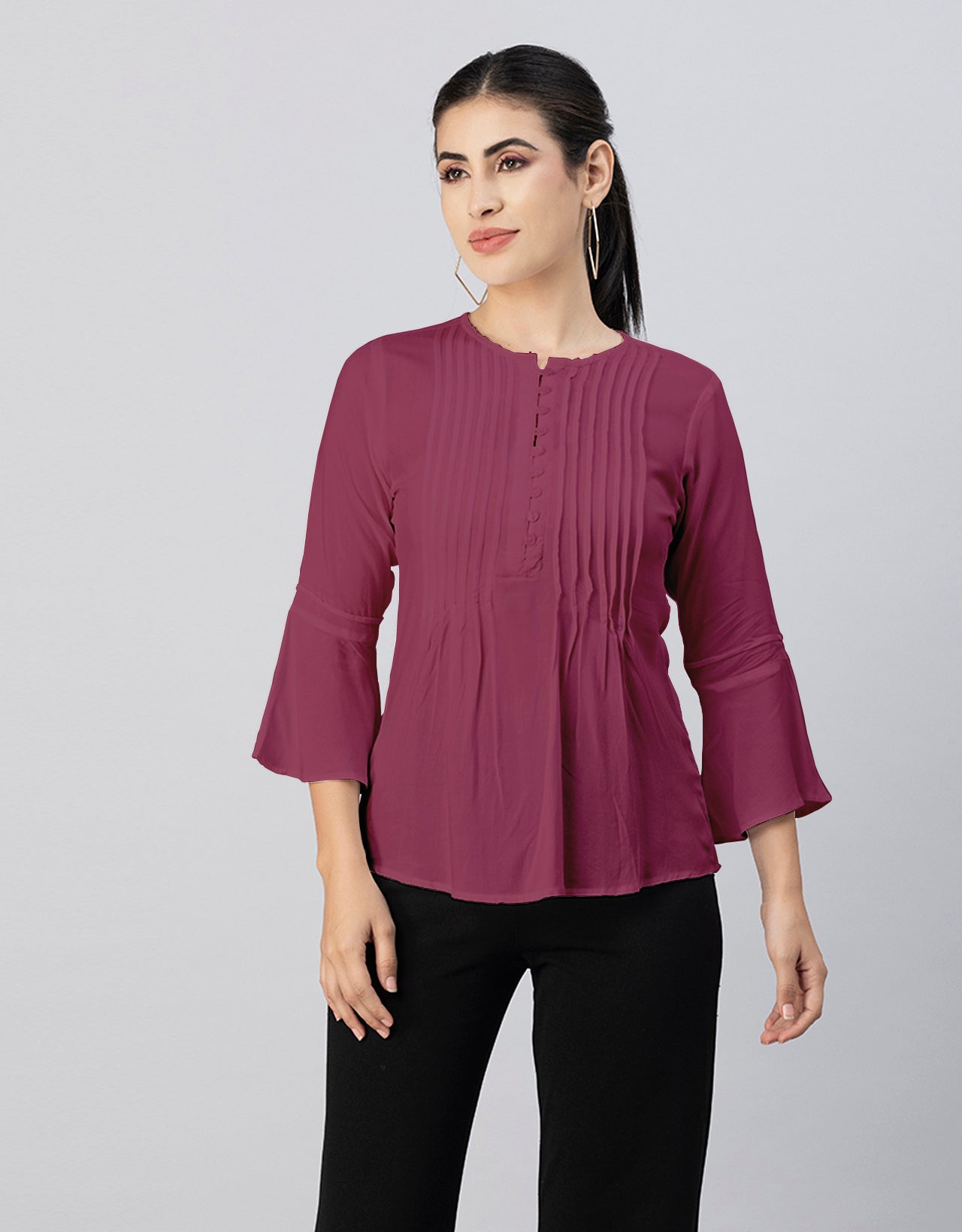 Solid Bell Sleeves Pleated