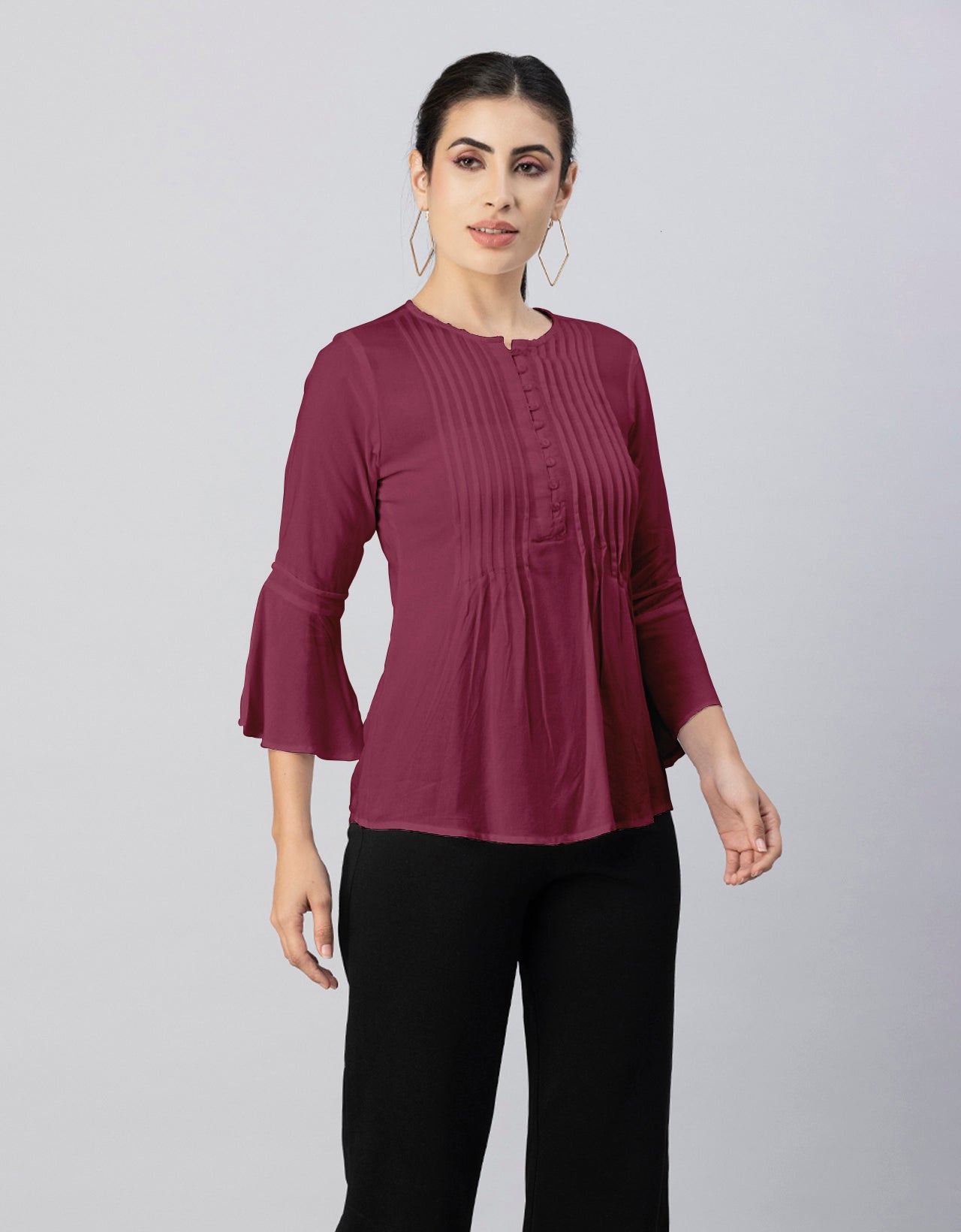 Solid Bell Sleeves Pleated