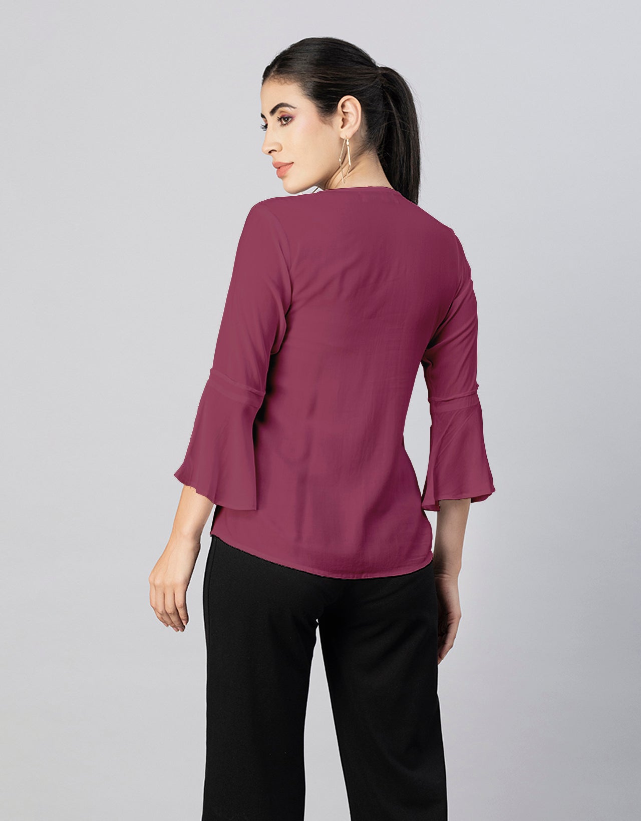 Solid Bell Sleeves Pleated