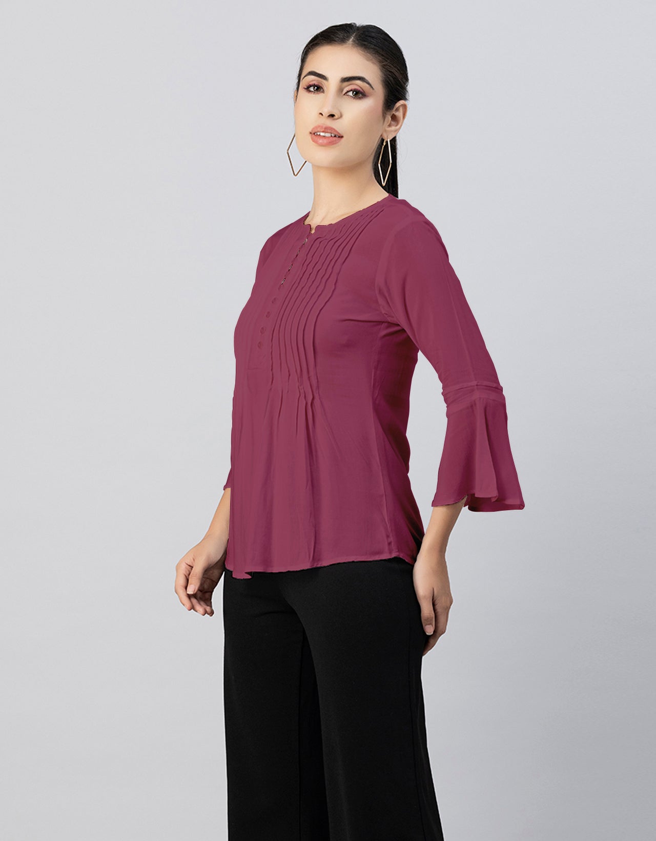Solid Bell Sleeves Pleated