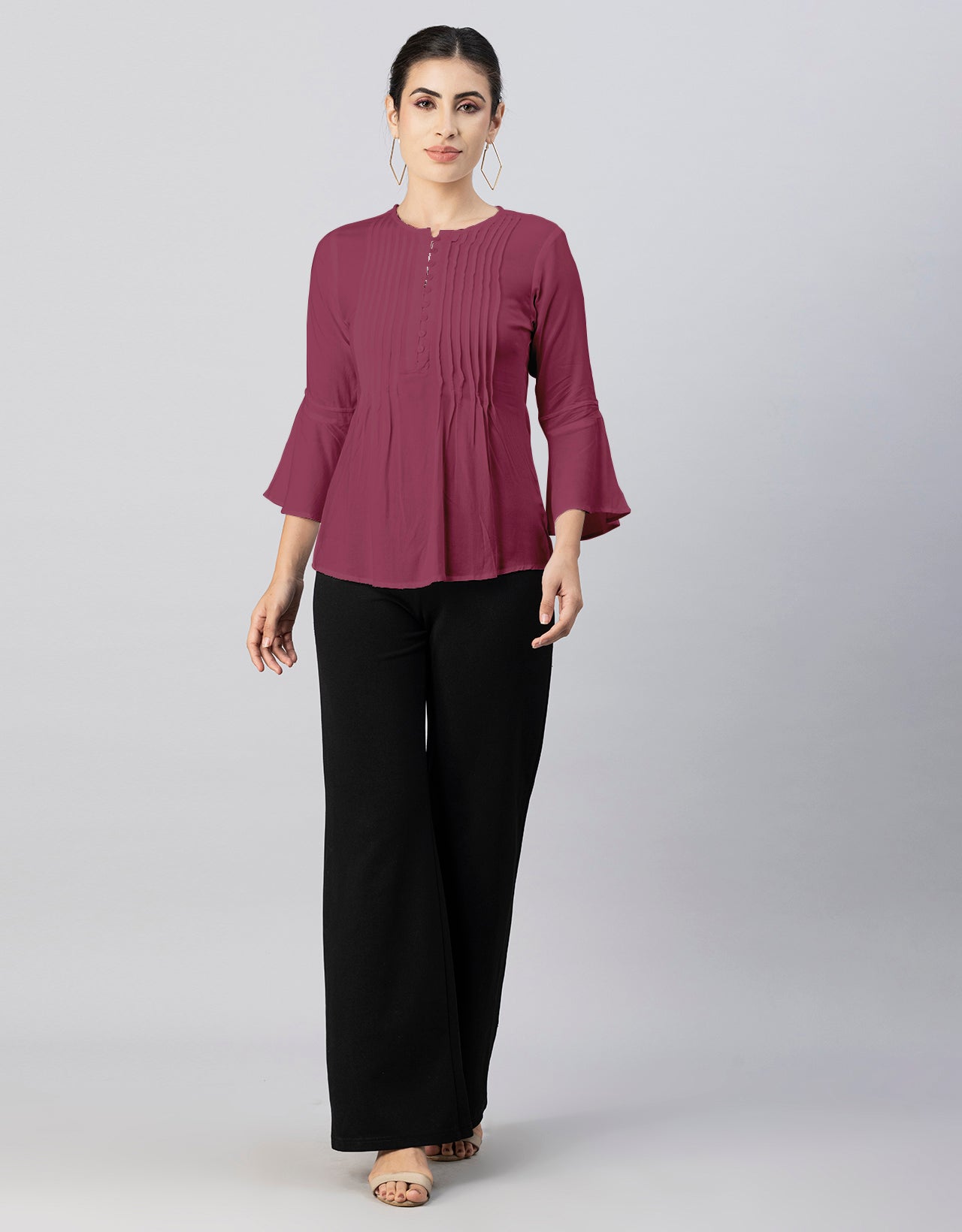 Solid Bell Sleeves Pleated