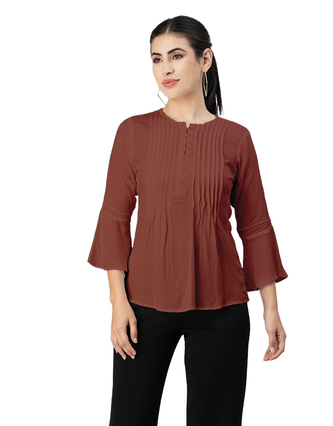 Solid Bell Sleeves Pleated