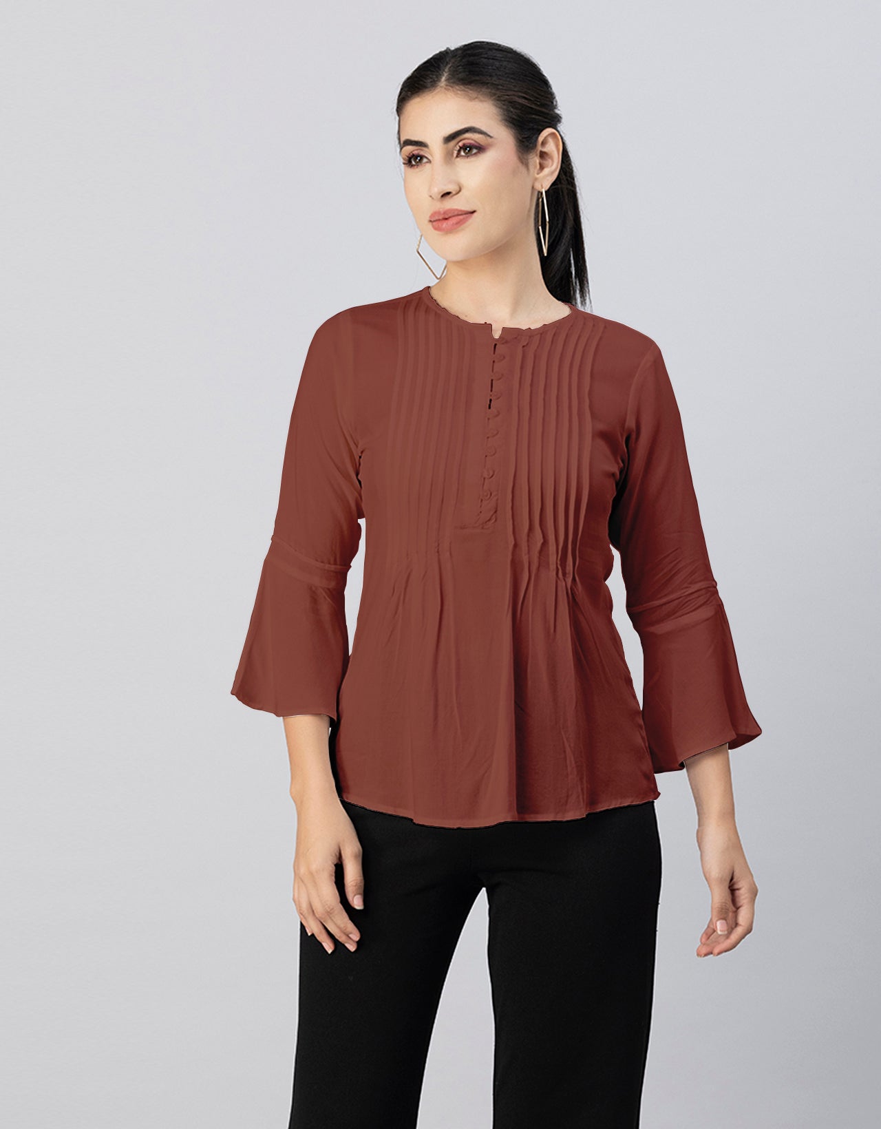 Solid Bell Sleeves Pleated