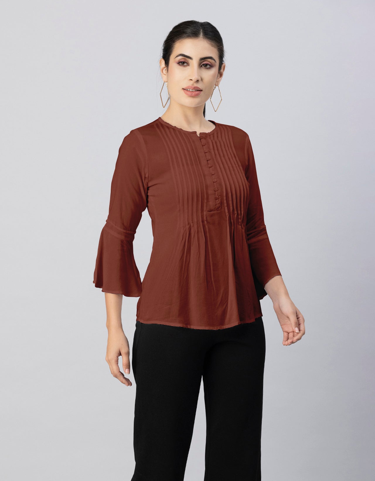 Solid Bell Sleeves Pleated