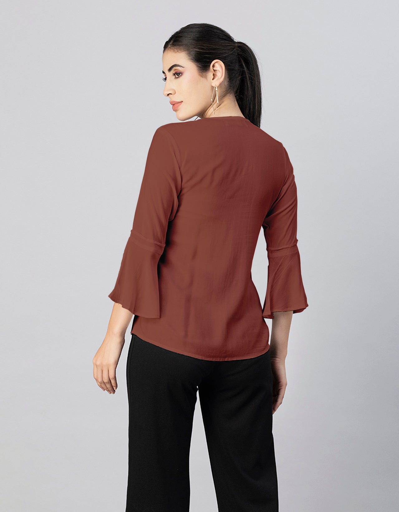Solid Bell Sleeves Pleated