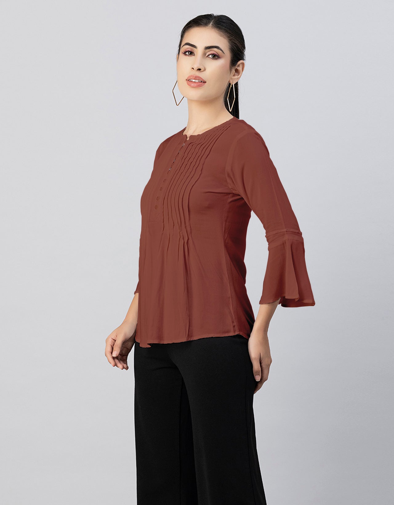 Solid Bell Sleeves Pleated