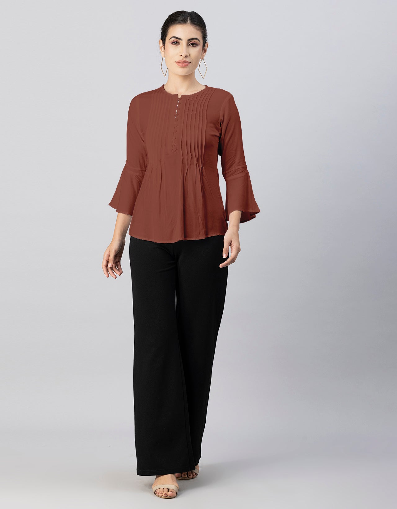 Solid Bell Sleeves Pleated