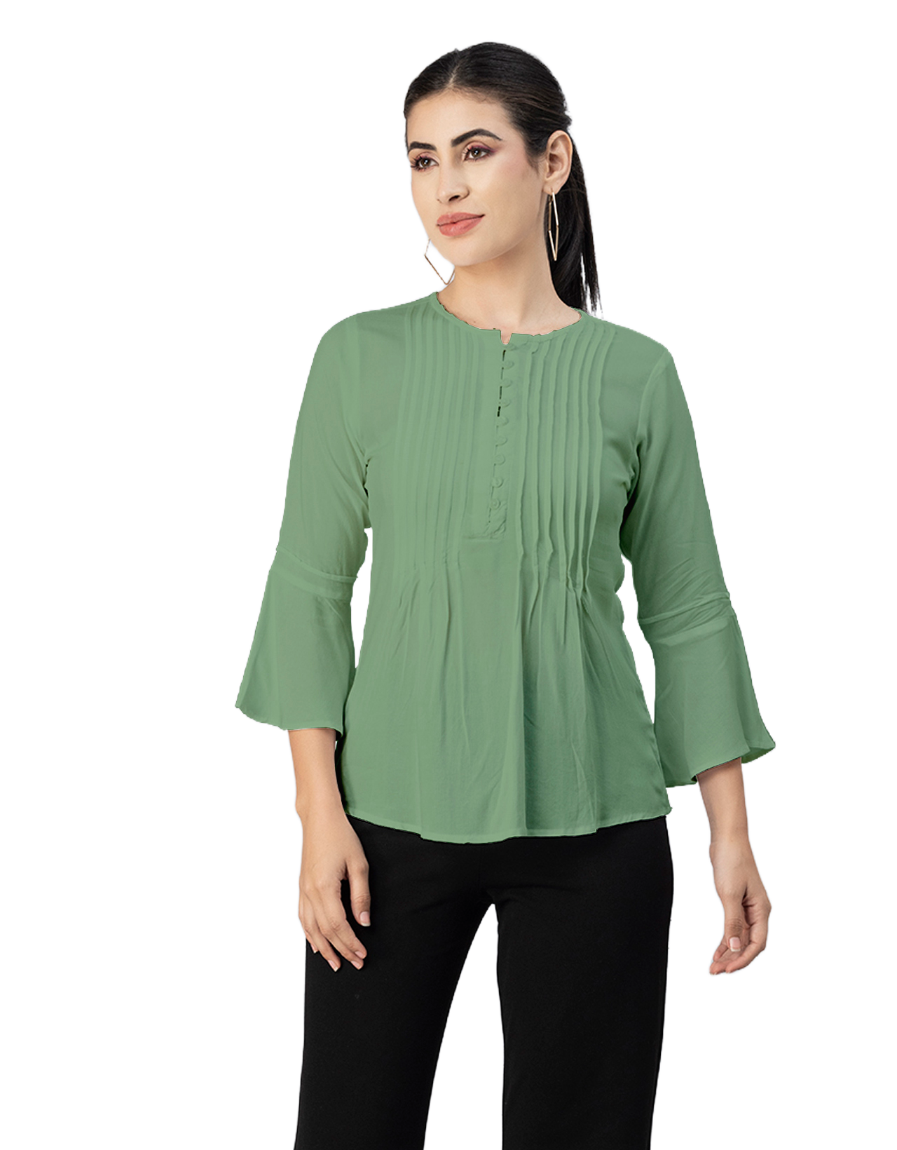 Solid Bell Sleeves Pleated