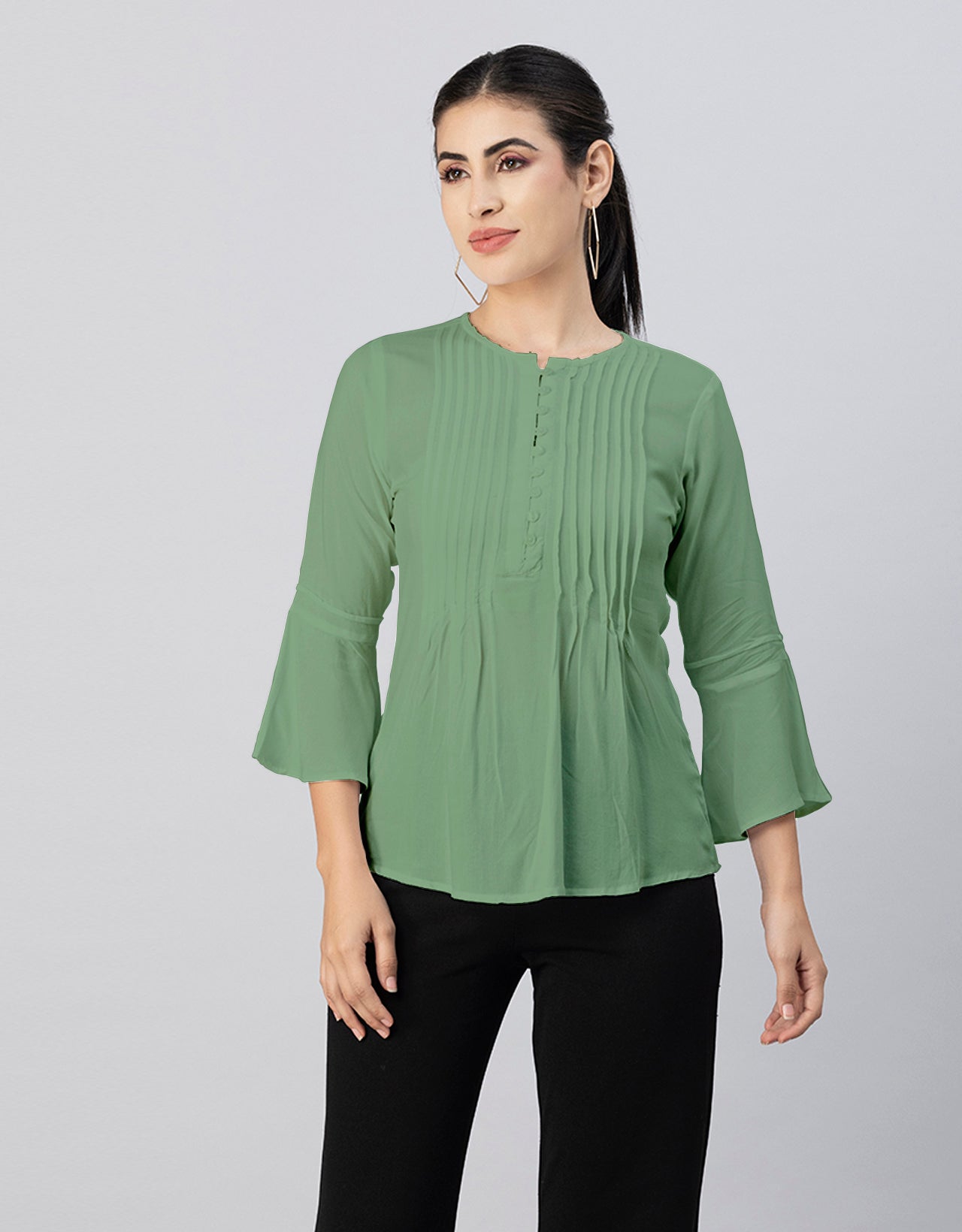 Solid Bell Sleeves Pleated