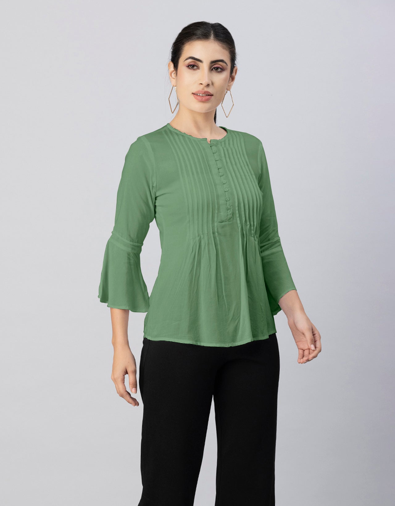 Solid Bell Sleeves Pleated