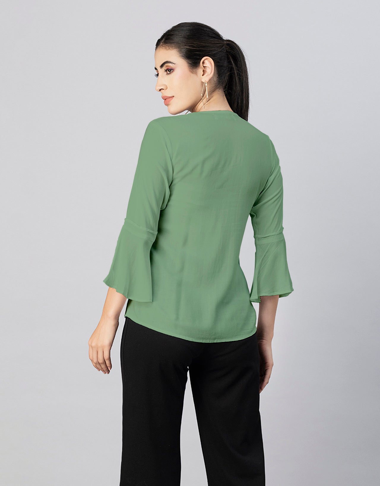 Solid Bell Sleeves Pleated