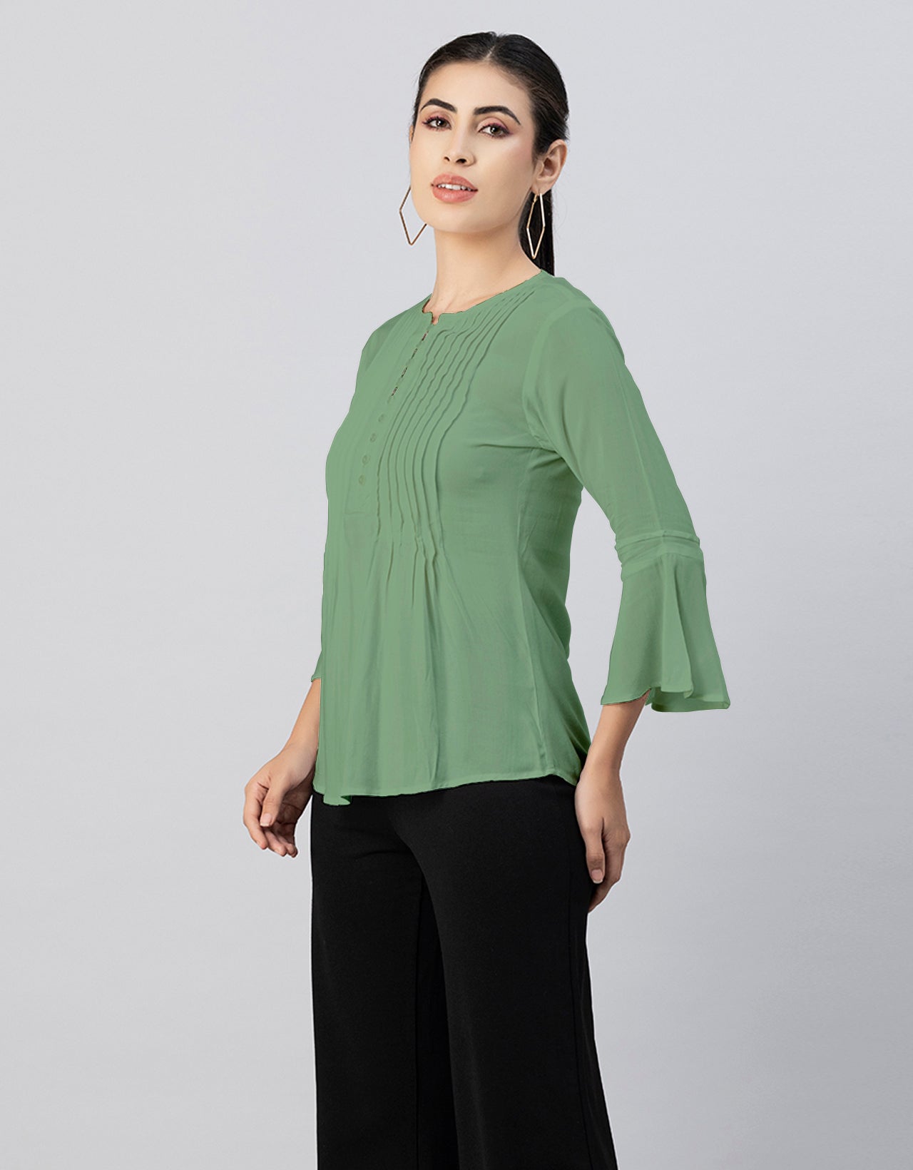 Solid Bell Sleeves Pleated