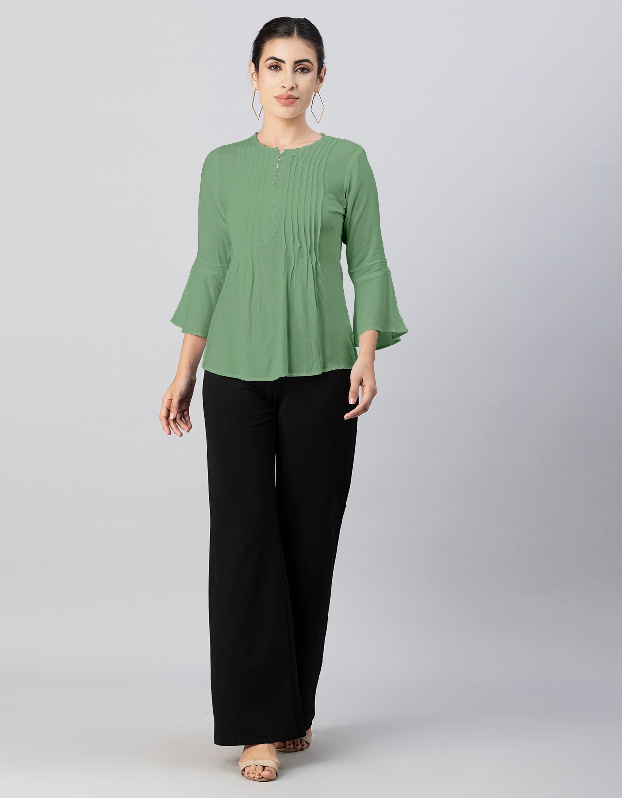 Solid Bell Sleeves Pleated