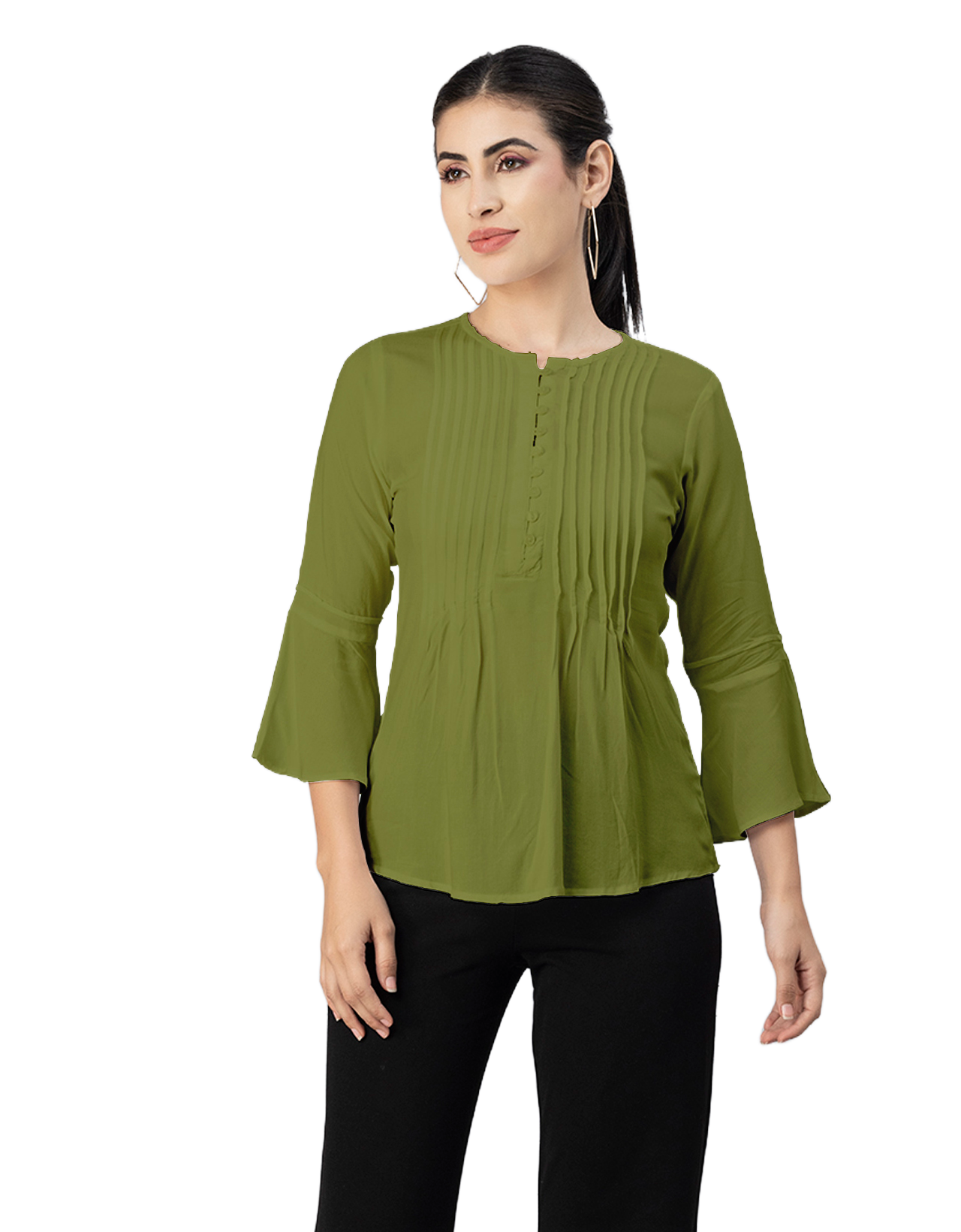 Solid Bell Sleeves Pleated