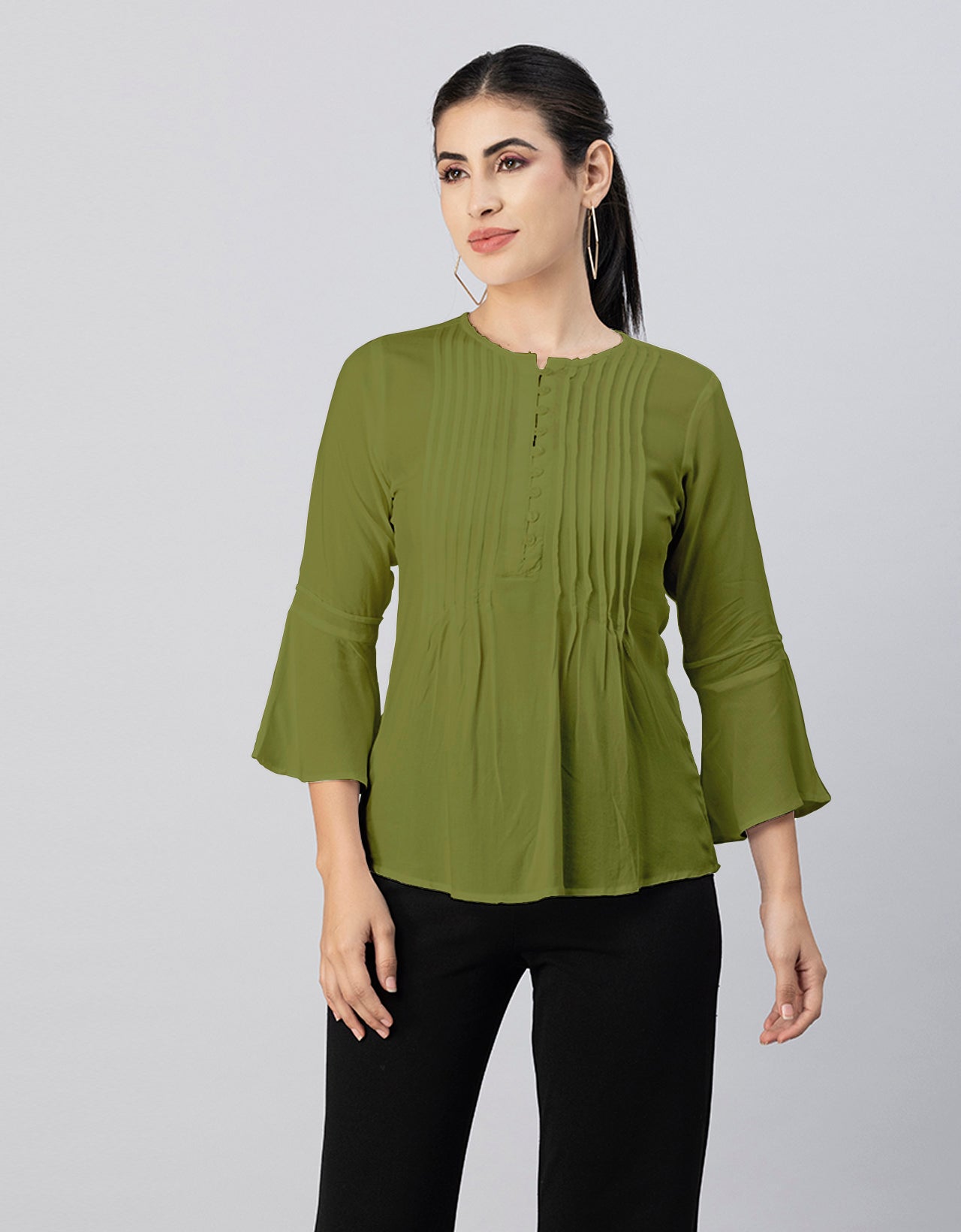 Solid Bell Sleeves Pleated