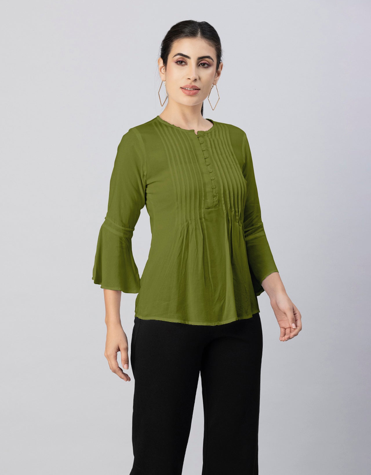 Solid Bell Sleeves Pleated