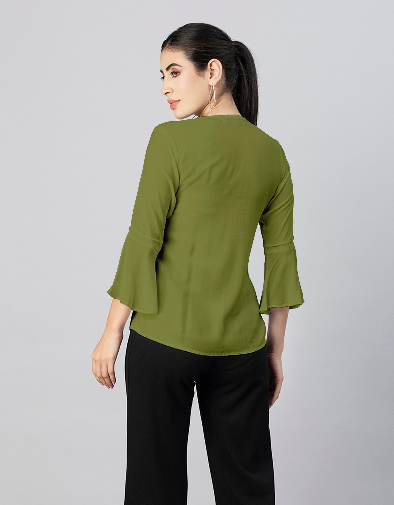 Solid Bell Sleeves Pleated