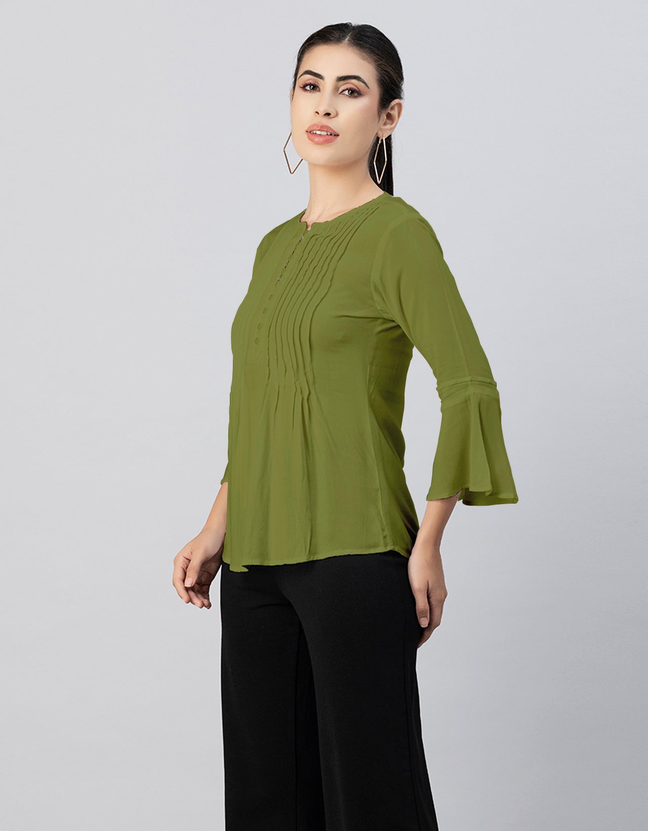 Solid Bell Sleeves Pleated
