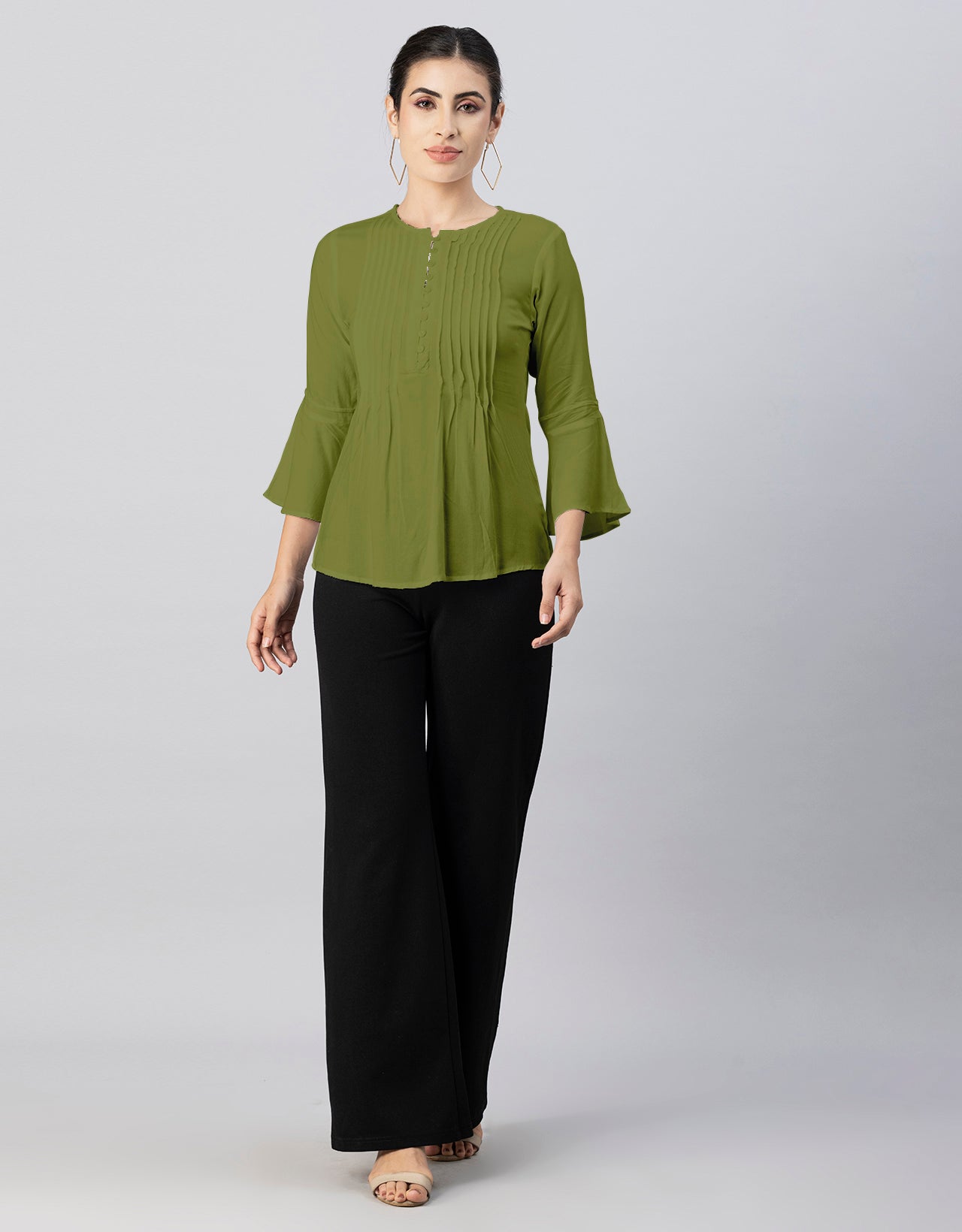 Solid Bell Sleeves Pleated